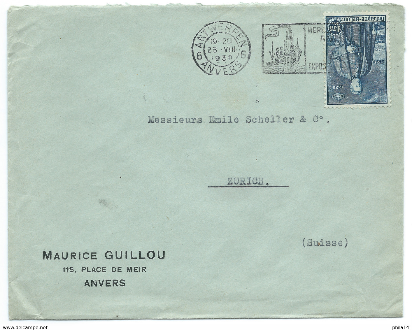 ENVELOPPE Belgique / GUILLOU ANVERS POUR ZURICH SUISSE 1930 - 1929-1941 Grand Montenez