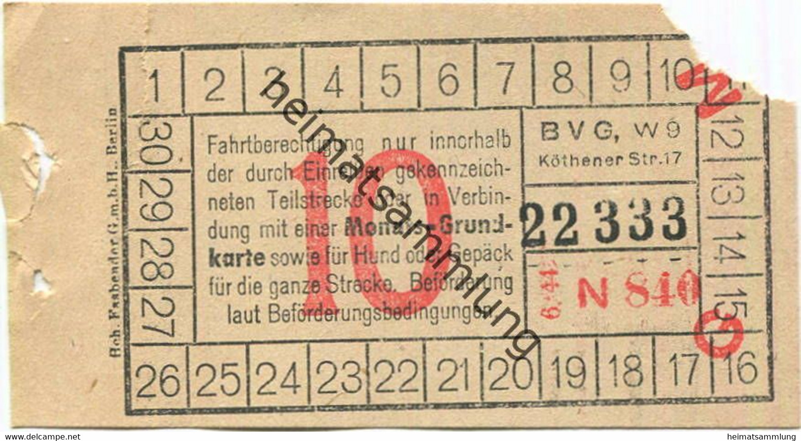 Deutschland - Berlin - BVG - Fahrschein 1944 - Teilstreckenschein Oder In Verbindung Mit Einer Monats-Grundkarte Sowie F - Europe
