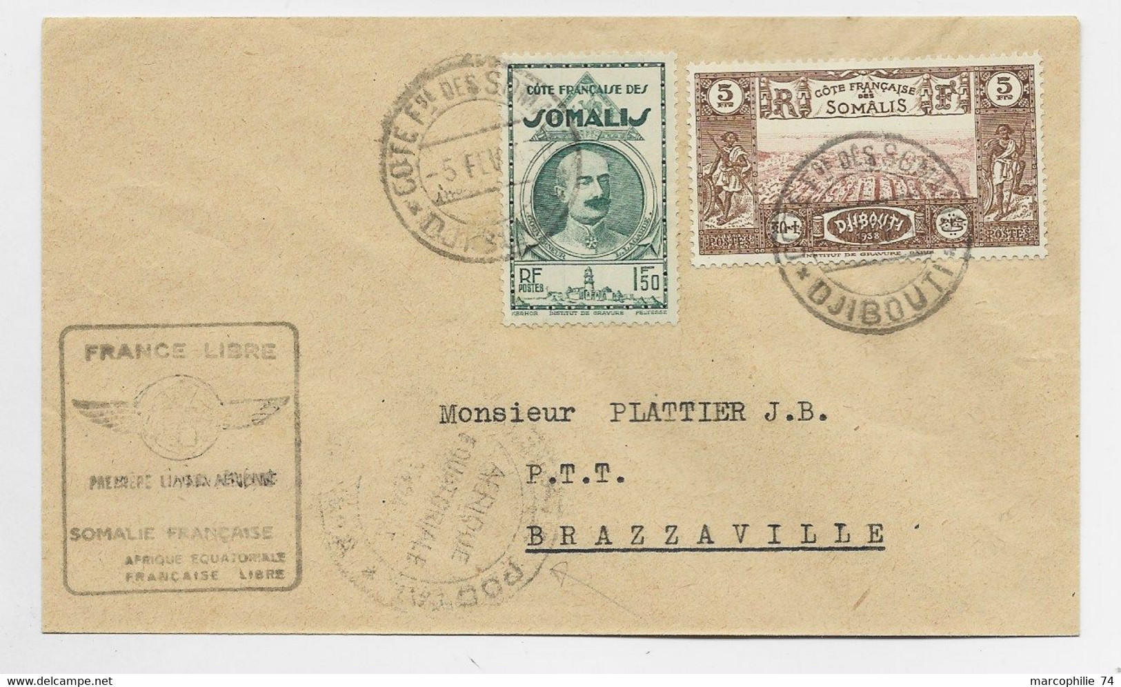 SOMALIS 5FR+1FR50 LETTRE COVER AVION DJIBOUTI 5 FEV 1943 POUR BRAZZAVILLE + GRIFFE FRANCE LIBRE + CENSURE - 1960-.... Storia Postale