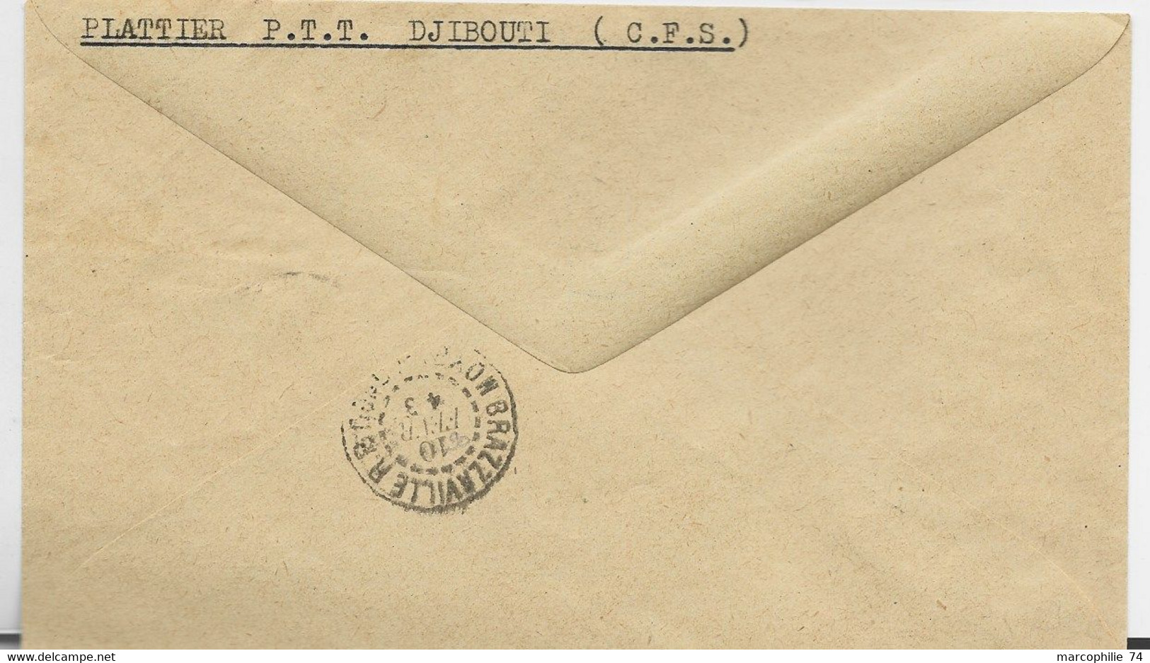 SOMALIS 5FR+1FR50 LETTRE COVER AVION DJIBOUTI 5 FEV 1943 POUR BRAZZAVILLE + GRIFFE FRANCE LIBRE + CENSURE - 1960-.... Storia Postale