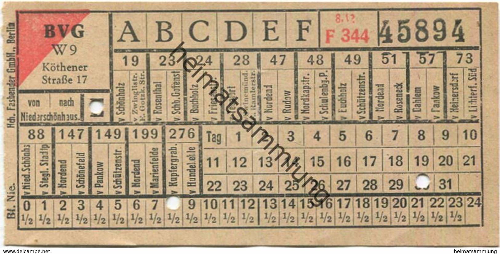 Deutschland - Berlin - BVG - Strassenbahnfahrschein Mit Umsteigeberechtigung Auf Die U-Bahn 1942 - Von Nach Niederschönh - Europe