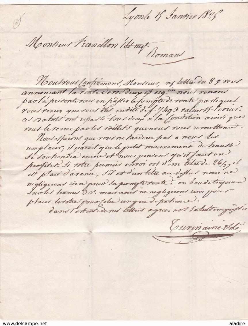 1825 - Marque Postale 68 LYON Sur Lettre Pliée Avec Correspondance & Facture Vers ROMANS, Drôme - Taxe 6 - 1801-1848: Précurseurs XIX