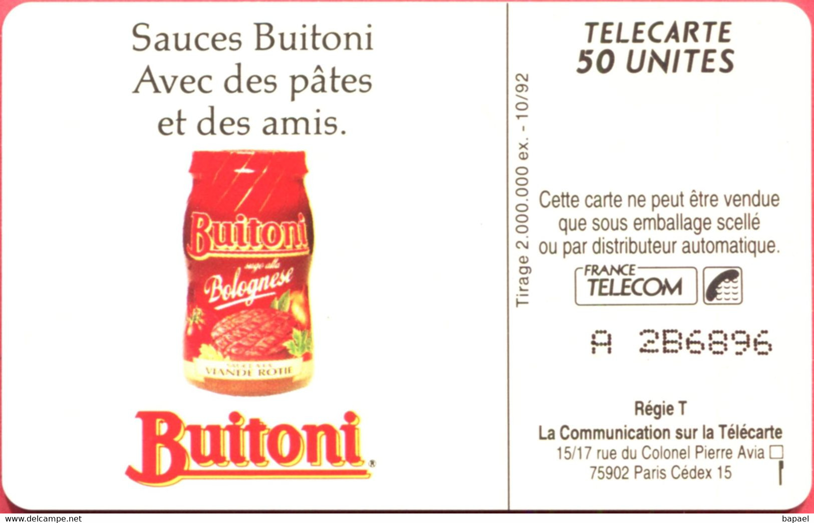 Réf Pho 0296.V2 (1992) - Thème Aliments - Buitoni (Recto-Verso) - Levensmiddelen