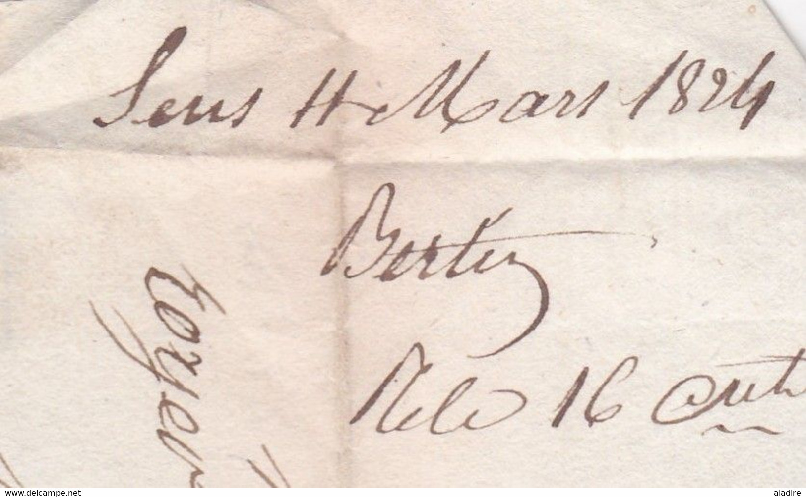 1824 - Marque Postale 83 SENS Sur Enveloppe Pliée Vers VILLEFRANCHE Sur Saône - Taxe 6 - 1801-1848: Précurseurs XIX