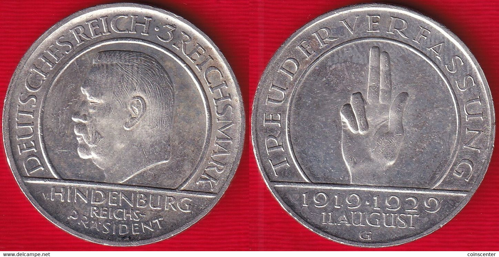 Germany / Weimar Republic 3 Mark 1929 G Km#63 AG "Constitution" - 3 Mark & 3 Reichsmark