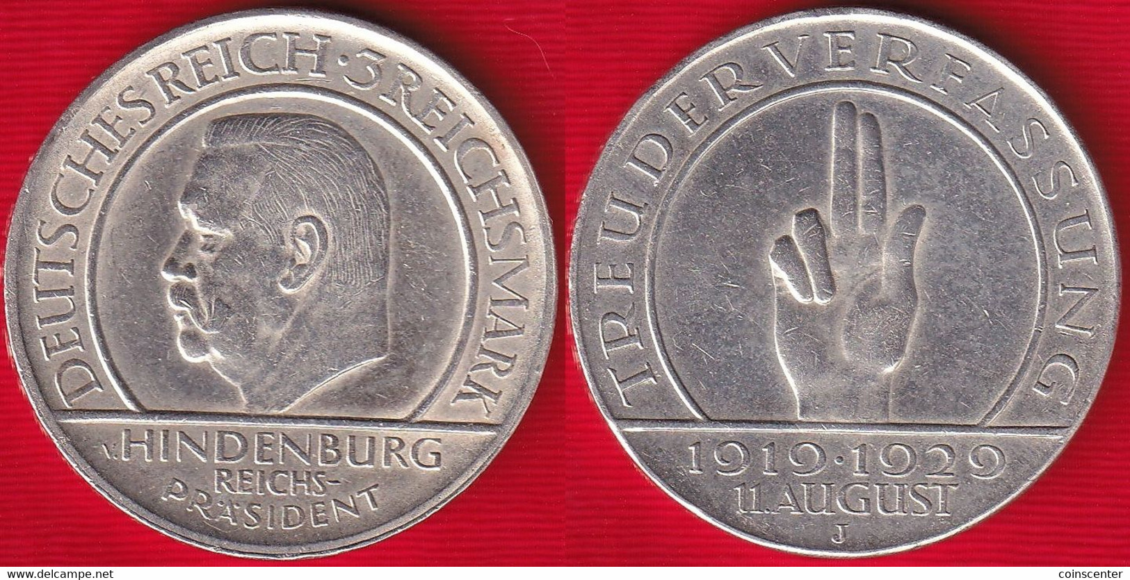 Germany / Weimar Republic 3 Mark 1929 J Km#63 AG "Constitution" - 3 Mark & 3 Reichsmark