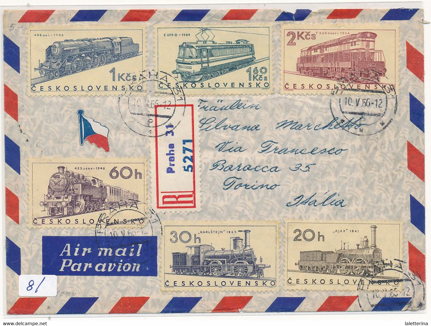 1956 CECOSLOVACCHIA SERIE TRENI RACCOMANDATA X ITALIA - Covers & Documents