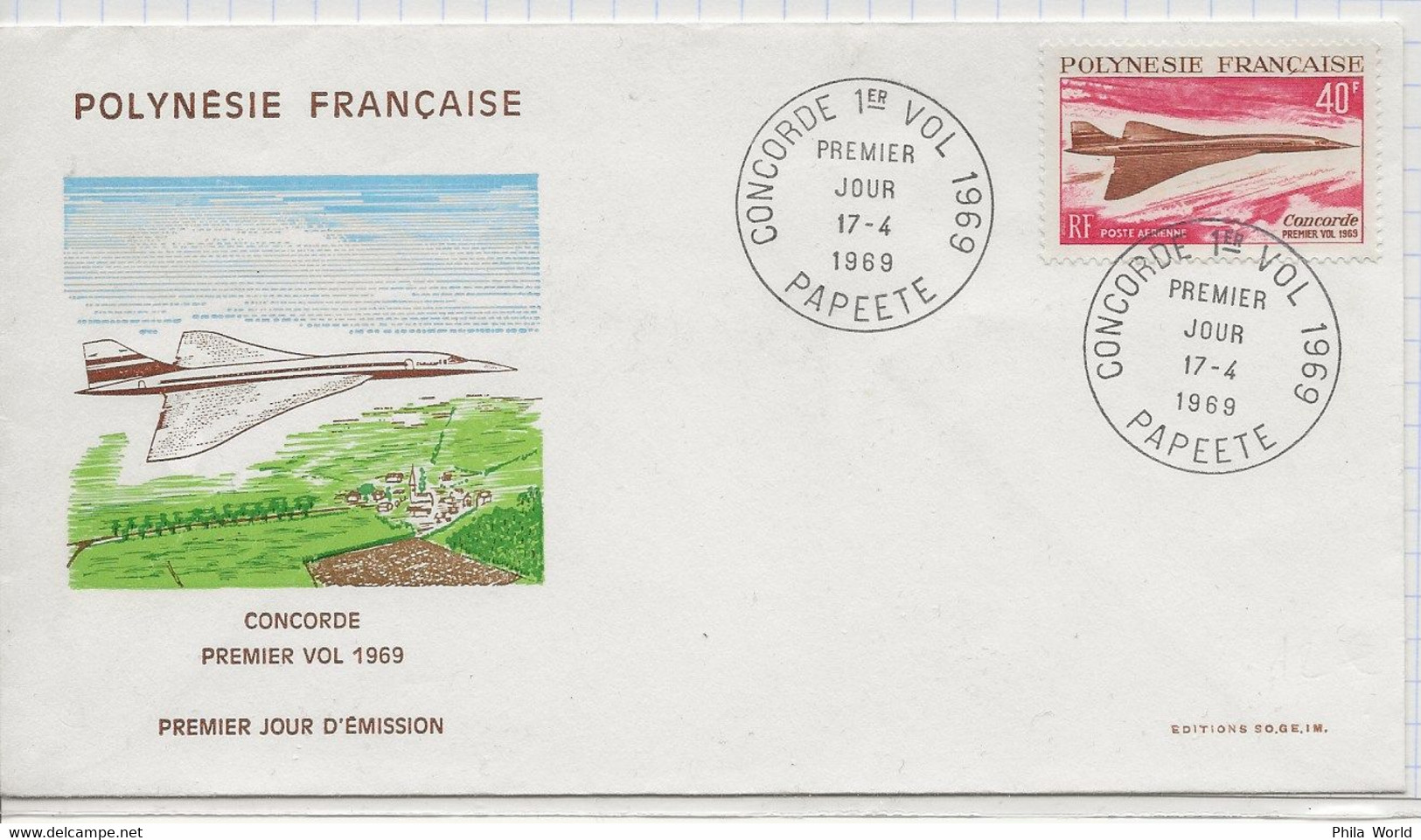 CONCORDE PREMIER VOL 1969 POLYNESIE FRANCAISE ENVELOPPE PREMIER JOUR PAPEETE - Lettres & Documents