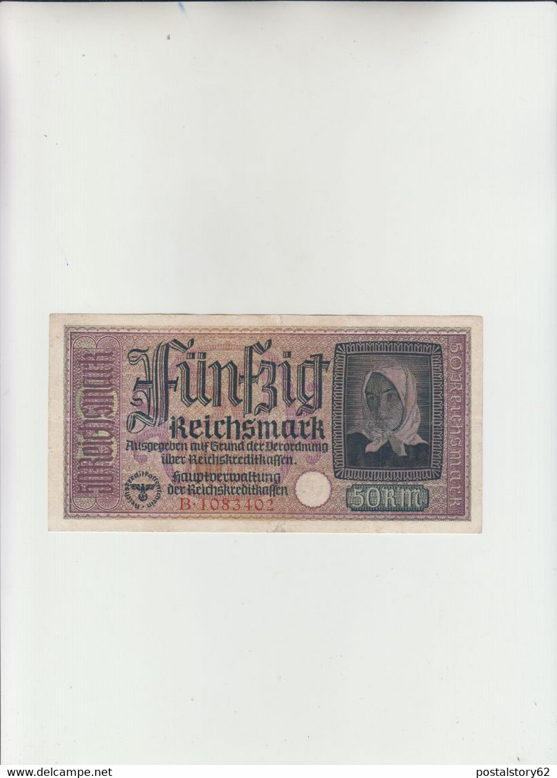 50 Reichsmarck Banconota Dì Occupazione Tedesca ( 1939 - 1945 ) Ottima Conservazione - 50 Reichsmark