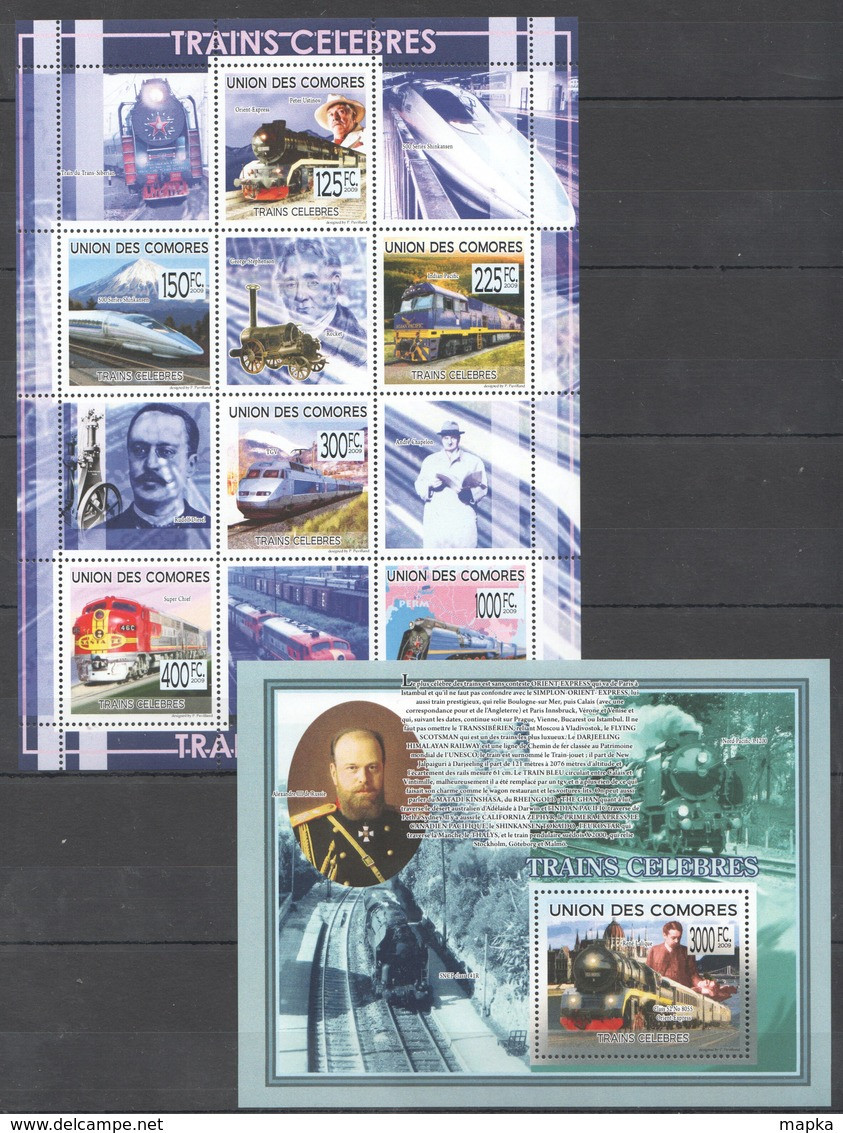 UC352 2009 UNION DES COMORES TRAINS CELEBRES FAMOUS PEOPLE 1KB+1BL MNH - Trains