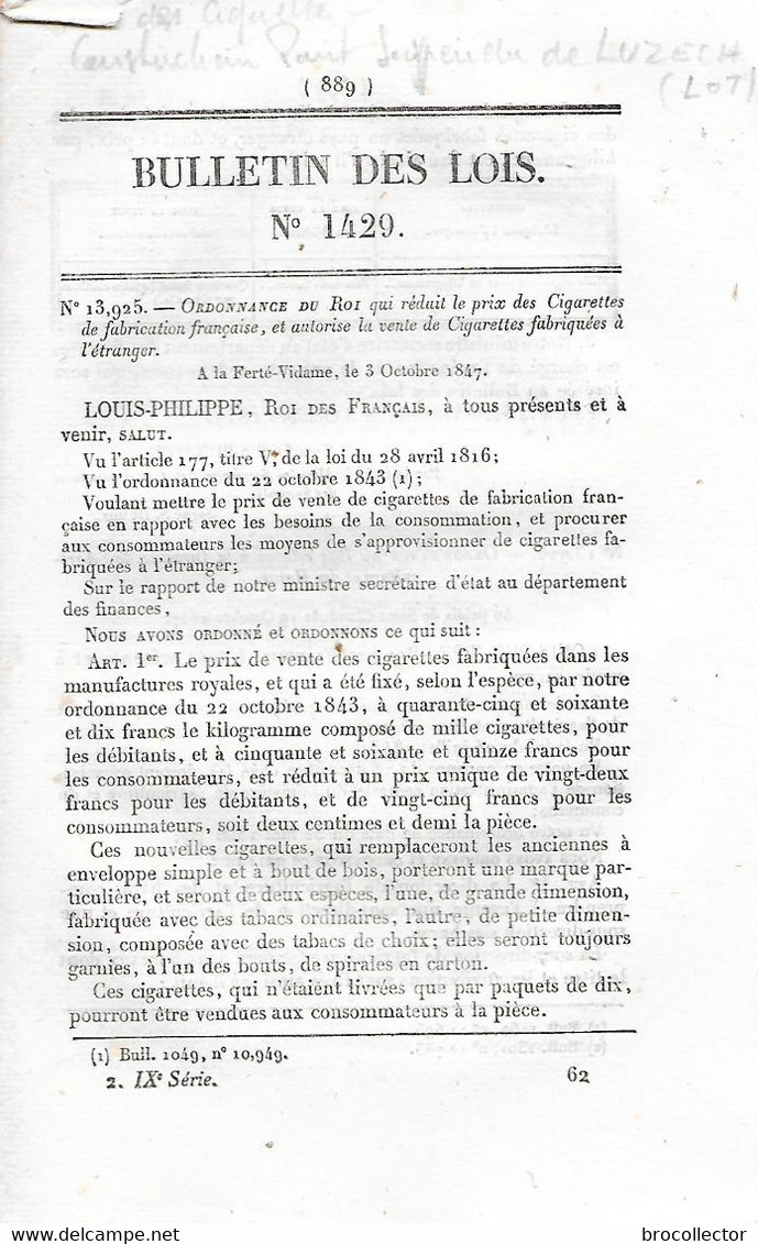 Ordonnance De 1847 Concernant La Construction D'un Pont Suspendu à LUZECH ( Voir Page Intérieure  ) - Luzech