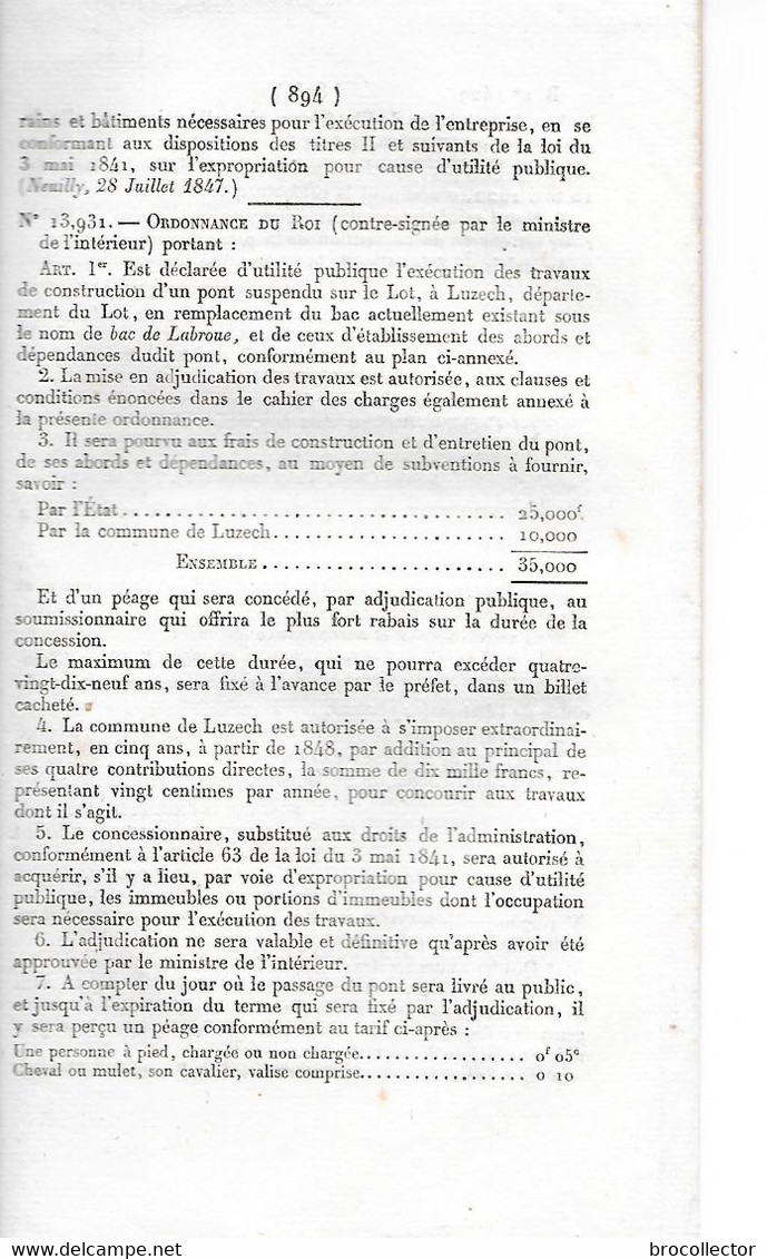 Ordonnance De 1847 Concernant La Construction D'un Pont Suspendu à LUZECH ( Voir Page Intérieure  ) - Luzech