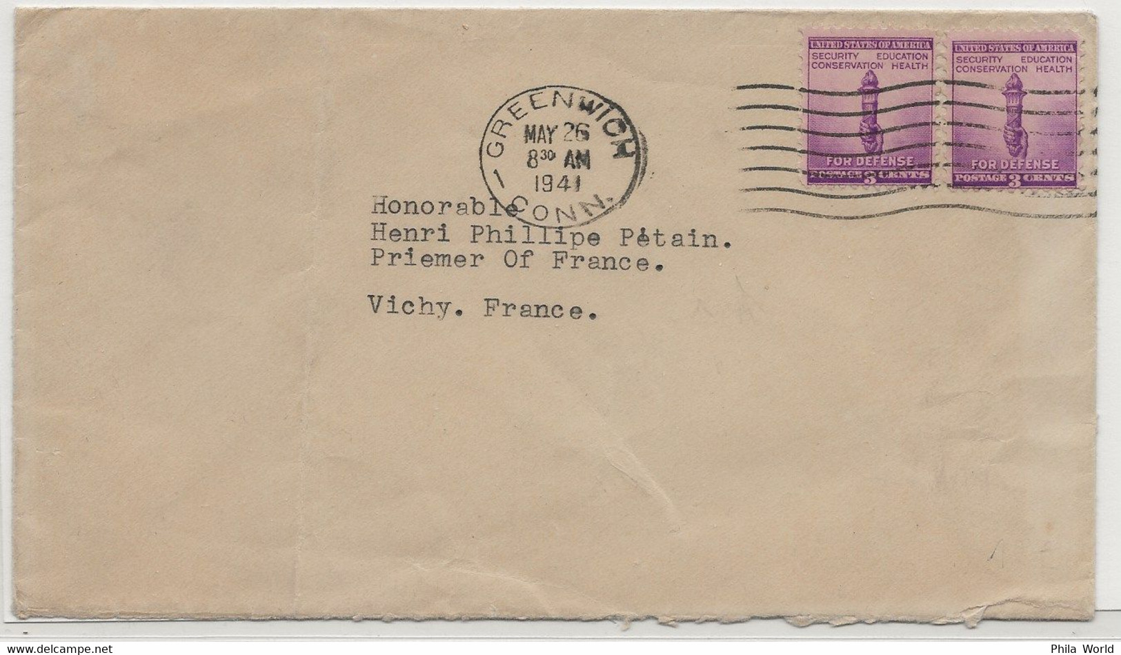 WW2 - 1941 Lettre US Pour PETAIN VICHY De GREENWICH CONNECTICUT Pour HONORABLE PRIEMER Of FRANCE Marechal - Cartas & Documentos
