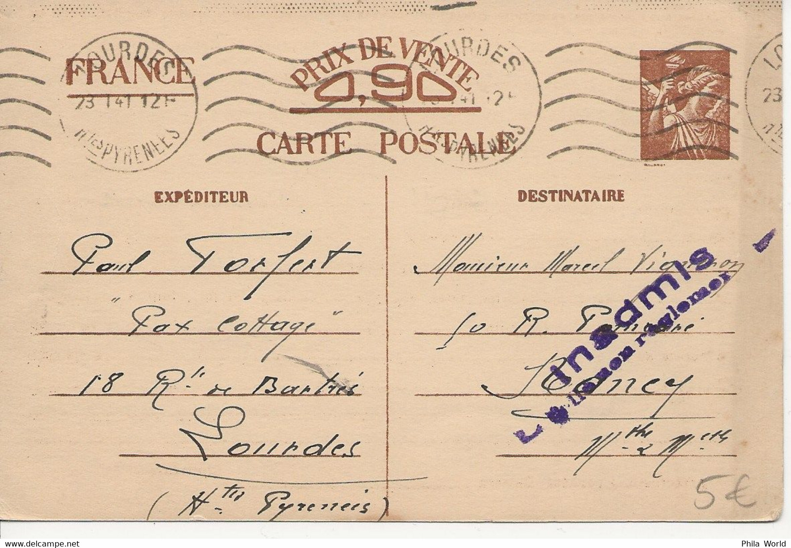 WW2 - Entier Postal IRIS INTERZONE 1941 INADMIS Libellé Non Règlementaire LOURDES Pour NANCY - Lettres & Documents