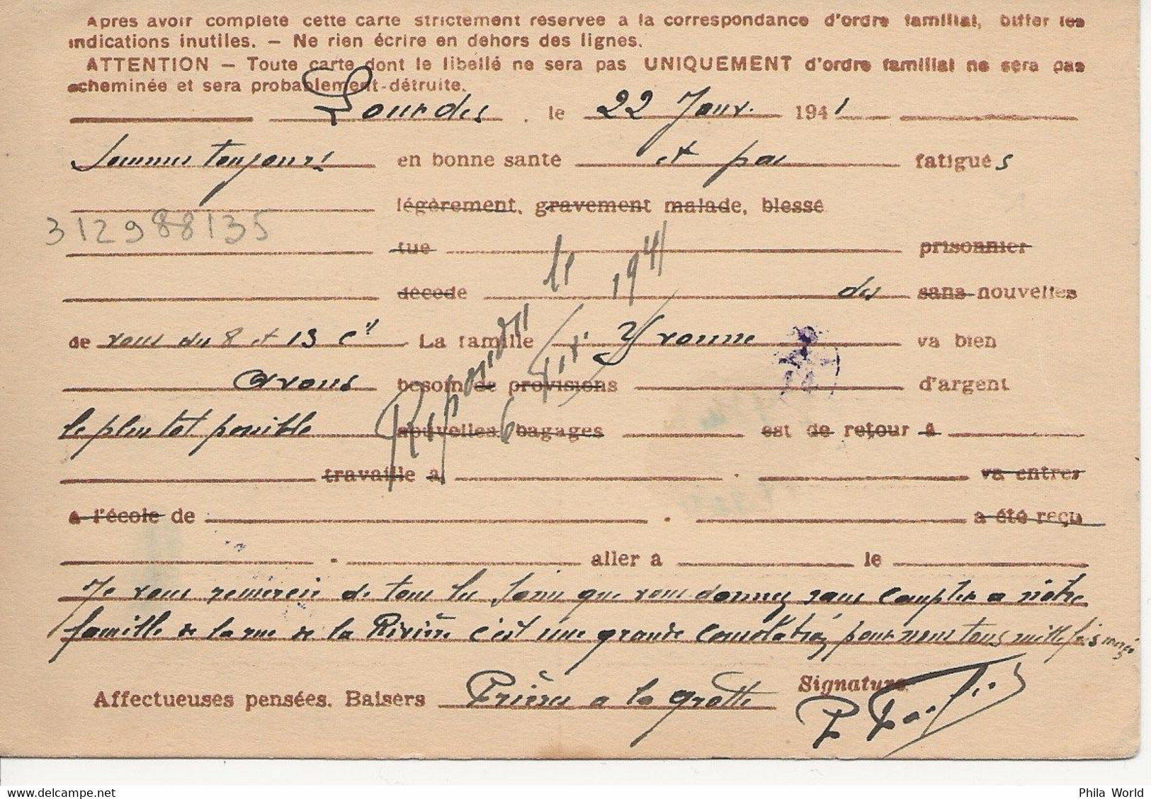 WW2 - Entier Postal IRIS INTERZONE 1941 INADMIS Libellé Non Règlementaire LOURDES Pour NANCY - Brieven En Documenten