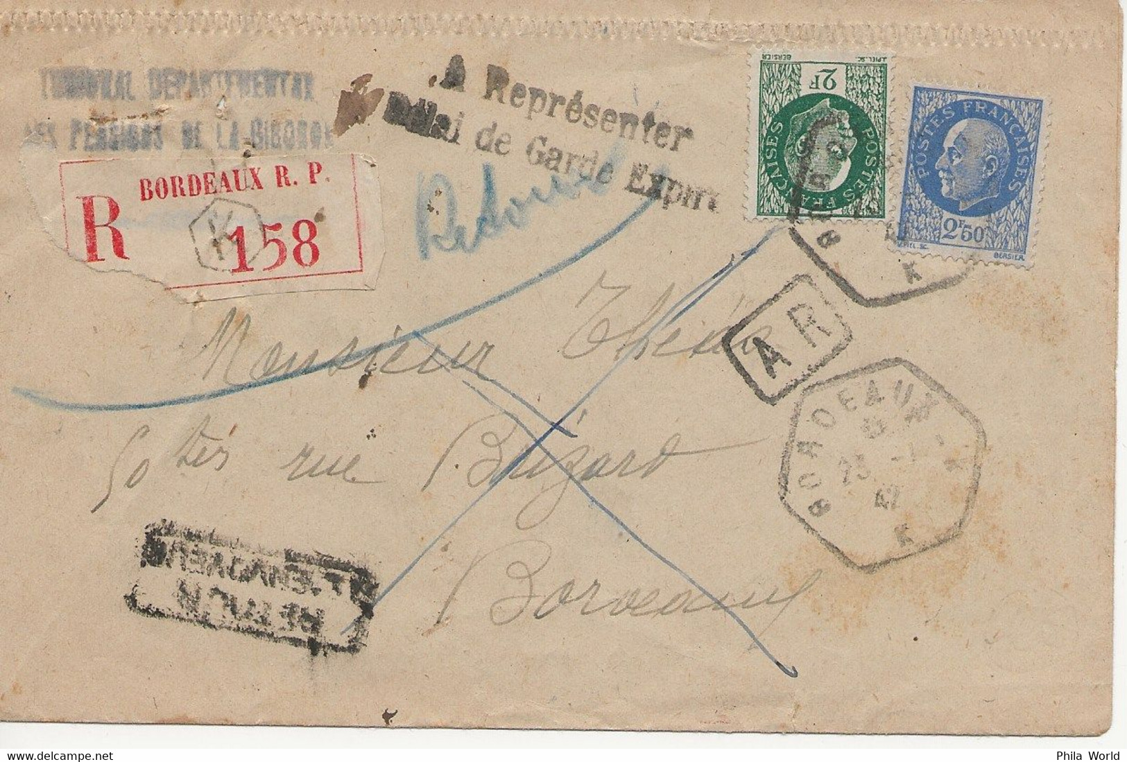 WW2 - LETTRE RECOMMANDEE AR Affranchissement PETAIN 1942 Cachet A REPRESENTER DELAI De GARDE EXPIRE - Briefe U. Dokumente