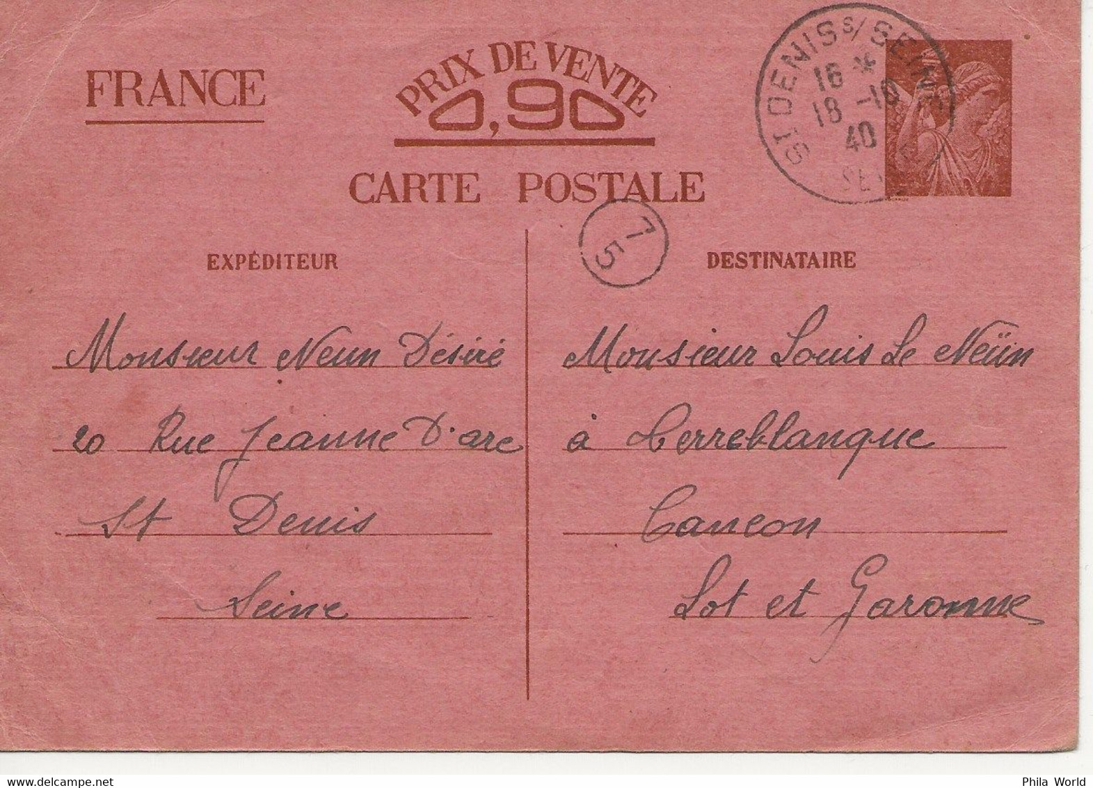 WW2 - Entier Postal IRIS INTERZONE 1940 St DENIS SUR SEINE Pour CANCOU (Lot Et Garonne) - Lettres & Documents