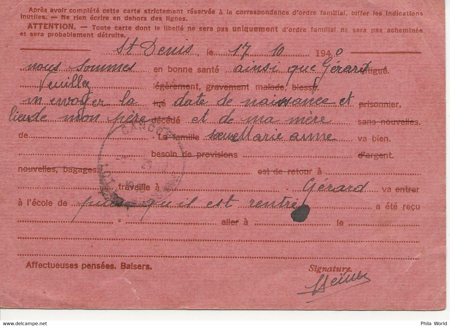 WW2 - Entier Postal IRIS INTERZONE 1940 St DENIS SUR SEINE Pour CANCOU (Lot Et Garonne) - Brieven En Documenten