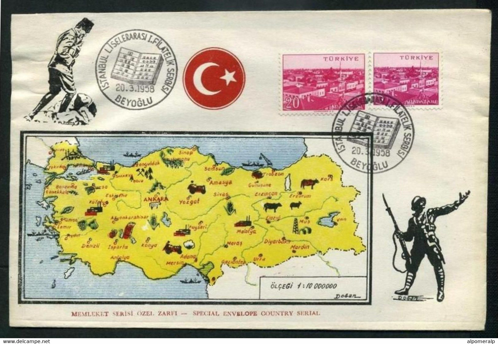 Turkey 1958 Philatelic Exhibition | Map And Flag Of Turkey | Soldier With Bayonet Rifle, Mar.20 | Special Postmark - Lettres & Documents