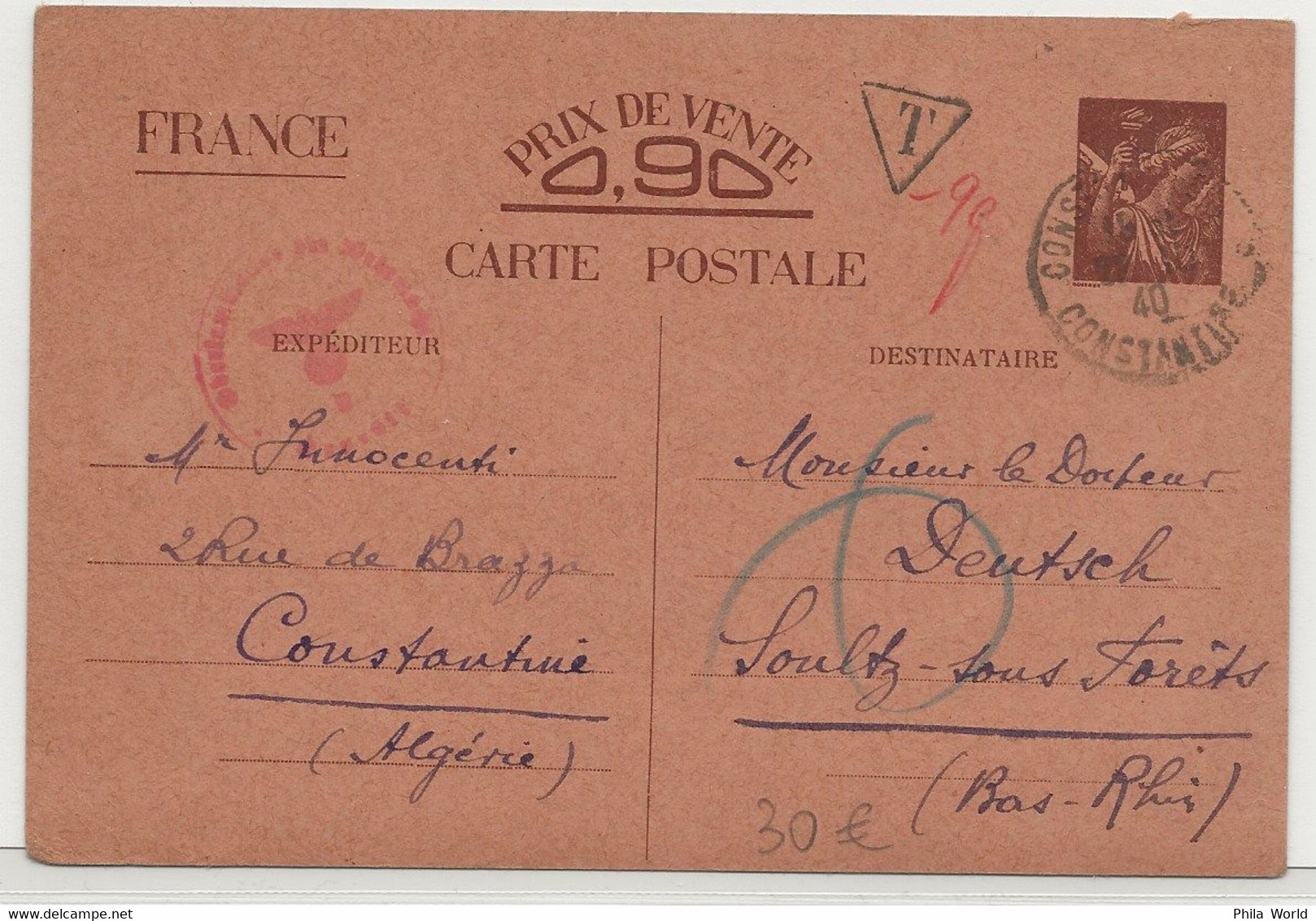 WW2 - Entier Postal IRIS INTERZONE 1940 TAXE Départ ALGERIE Constantine Pour SOULTZ - Brieven En Documenten