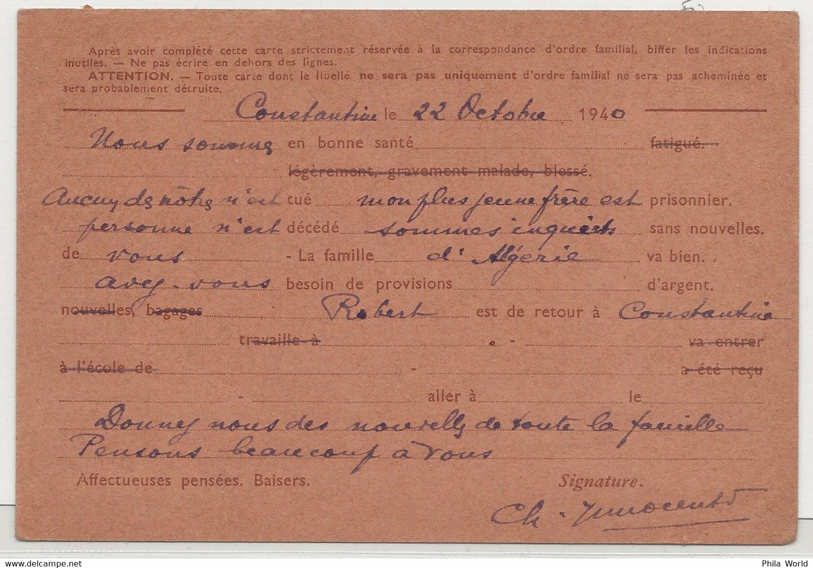 WW2 - Entier Postal IRIS INTERZONE 1940 TAXE Départ ALGERIE Constantine Pour SOULTZ - Covers & Documents