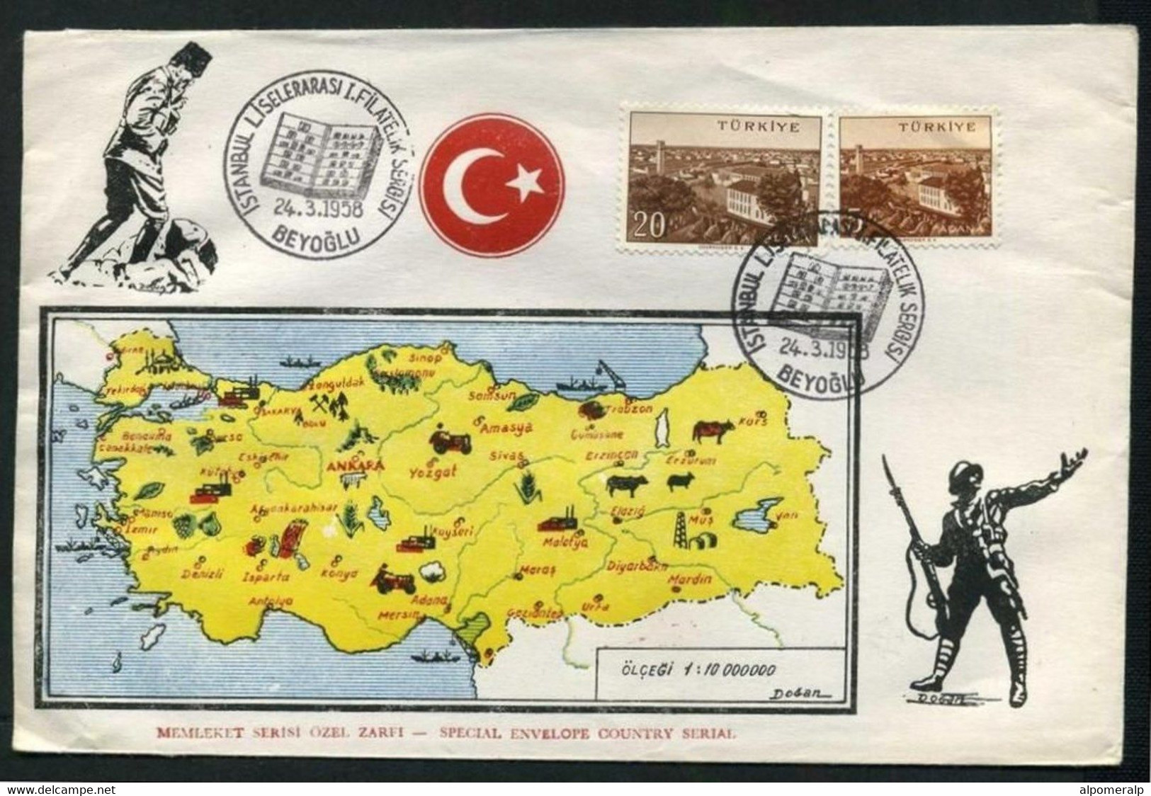 Turkey 1958 Philatelic Exhibition | Map And Flag Of Turkey | Soldier With Bayonet Rifle, Mar.24 | Special Postmark - Lettres & Documents