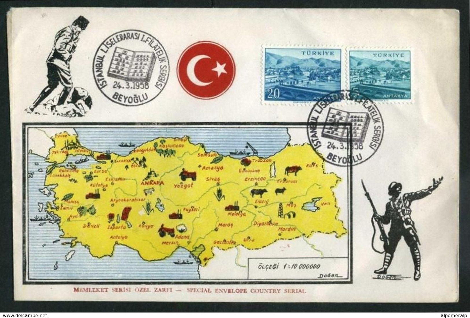 Turkey 1958 Philatelic Exhibition | Map And Flag Of Turkey | Soldier With Bayonet Rifle, Mar.24 | Special Postmark - Lettres & Documents