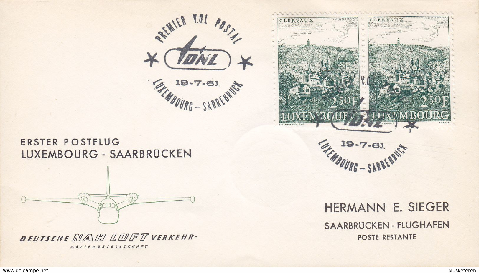 Luxembourg Deutsche NAH LUFT Verkehr First Flight Premiére Vol Postal LUXEMBOURG - SAARBRÜCKEN 1961 Cover Lettre - Brieven En Documenten