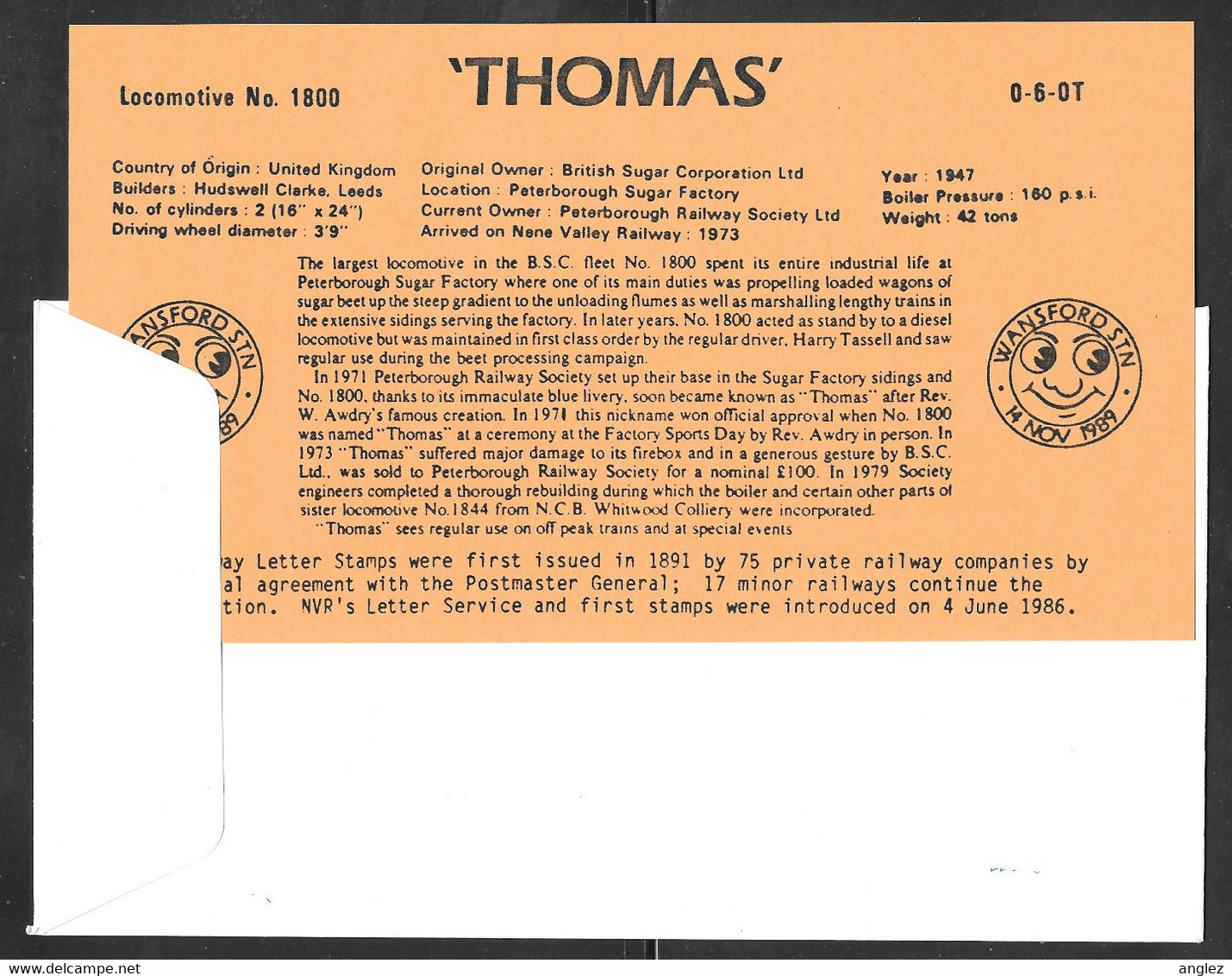 Great Britain - 1989 Nene Valley Railway "Thomas The Tank Engine" Cover - Franked Railway Letter Stamp - Cinderellas