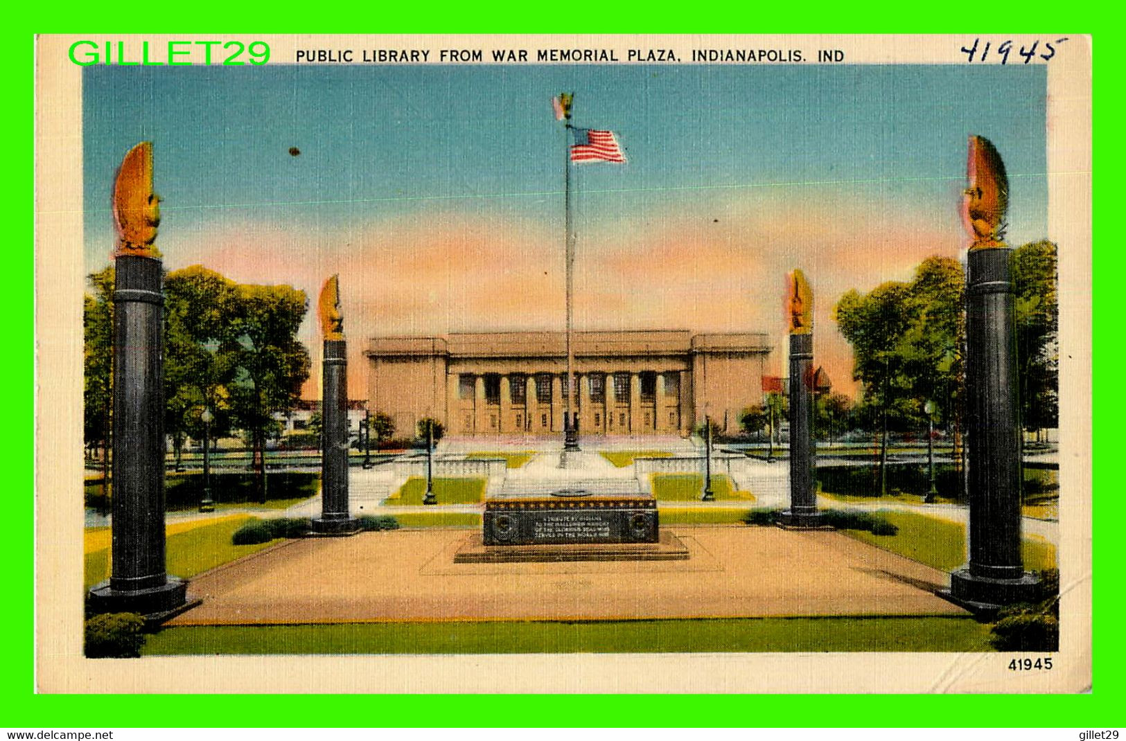 INDIANAPOLIS, IN - PUBLIC LIBRARY FROM WAR MEMORIAL PLAZA - TRAVEL IN 1945 -  PUB. BY DE WOLF NEW CO - - Indianapolis