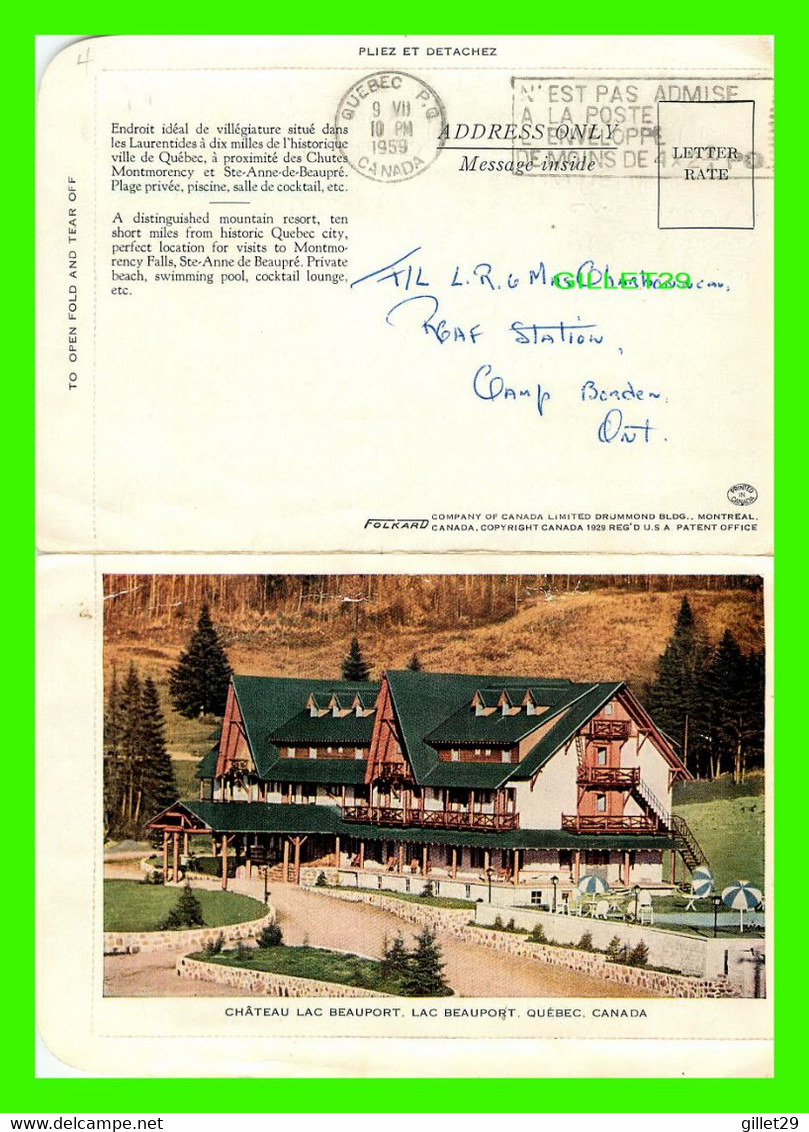 LAC BEAUPORT, QUÉBEC - CHÂTEAU LAC BEAUPORT - FOLKARD - CIRCULÉE EN 1959 - - Québec - Beauport