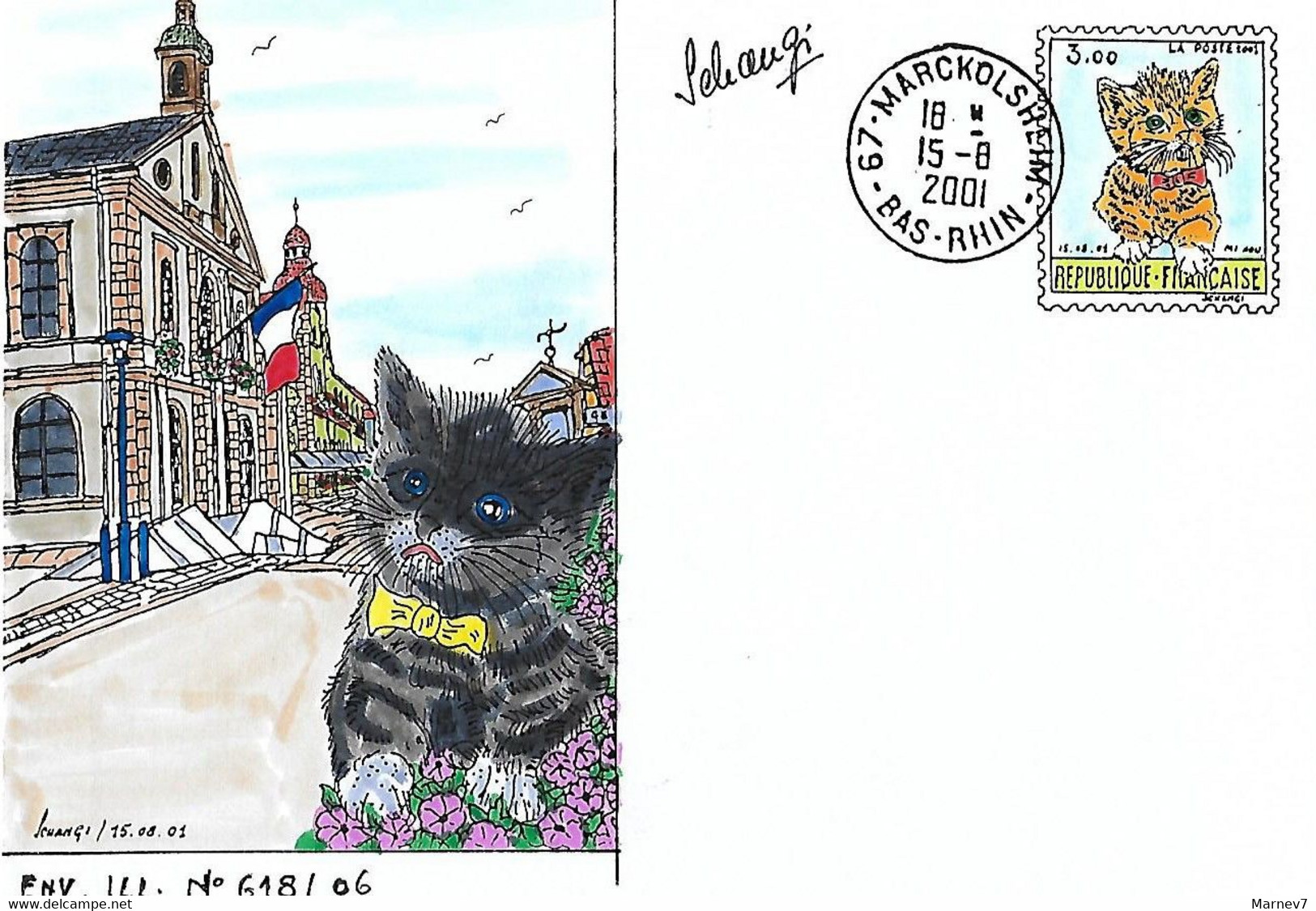 Enveloppe Illustrée - Illustrateur SCHANGI - 15 8 2001 - MARCKOLSHEIM - Chat - - Storia Postale