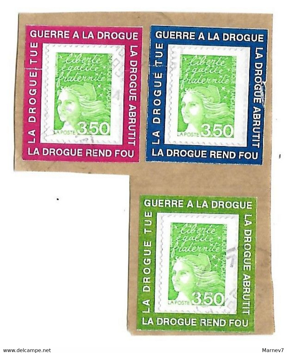 3 Porte-timbres Oblitérés Sur Fragment De Lettres - Liberté Yvert 3092 - La Drogue Tue - Guerre - Abrutit - Rend Fou - Gebruikt