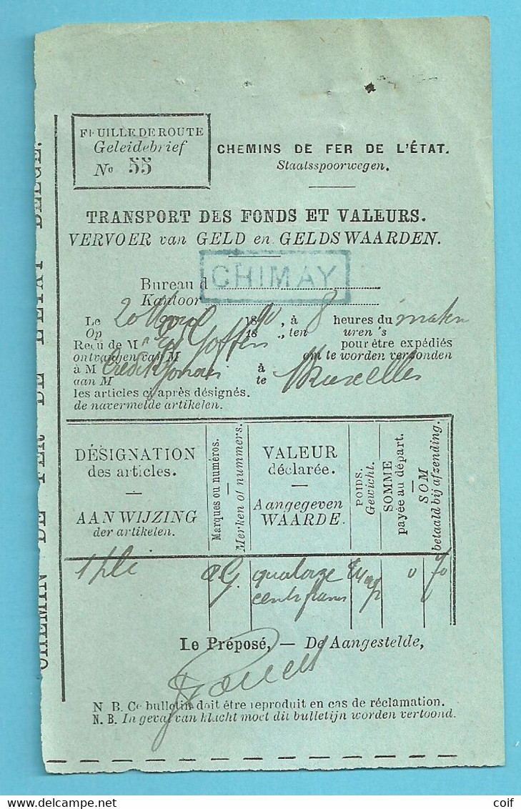 CHEMINS DE FER DE L'ETAT / TRANSPORT DES FONDS ET VALEURS Met Omkaderde Naamstempel CHIMAY (in Blauw) - Documenten & Fragmenten