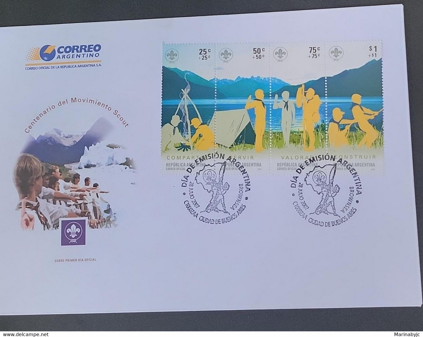 P) 2007 ARGENTINE, CENTENARY OF THE SCOUT MOVEMENT FDC, SHARING, SERVING, VALUING, BUILDING, SERIES OF 4, XF - Andere & Zonder Classificatie