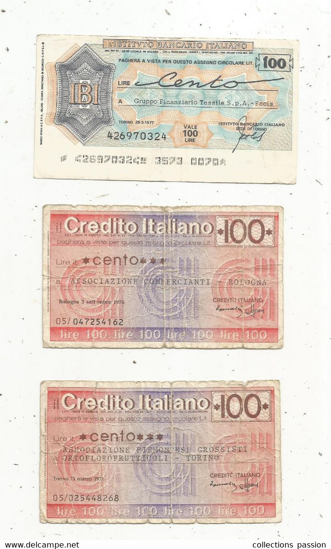 Chéque,ITALIE, 100 Lire ,1976 , 1977, LOT DE 3 CHEQUES - Zonder Classificatie