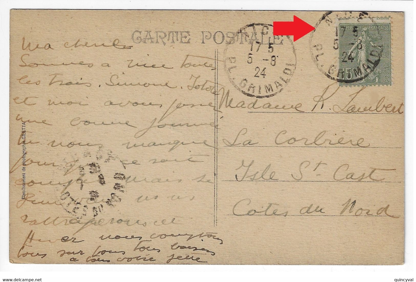 NICE Pl Grimaldi Carte Postale 15 Semeuse Lignée Yv 130 Ob 5 8 1924   PIQUAGE DECALE En Haut  "léger à Cheval" - Cartas & Documentos