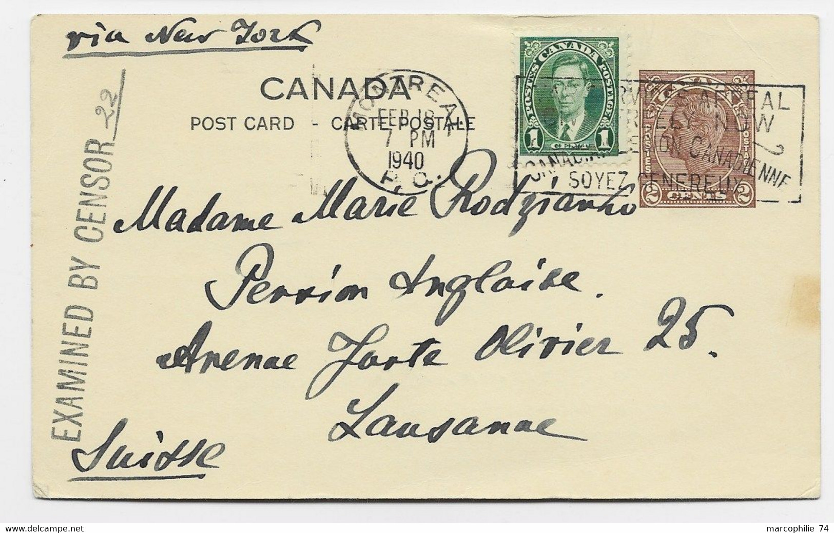 CANADA ENTIER 2 CENTS POST CARD + 1C MEC MONTREAL FEB 18 1940 POUR SUISSE  VIA NEW YORK + CENSOR - 1903-1954 Rois