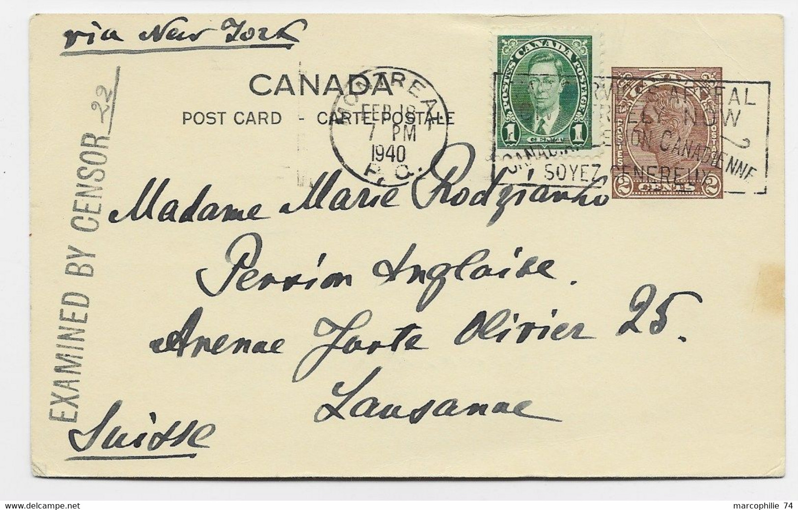 CANADA ENTIER 2 CENTS POST CARD + 1C MEC MONTREAL FEB 18 1940 POUR SUISSE  VIA NEW YORK + CENSOR - 1903-1954 Kings