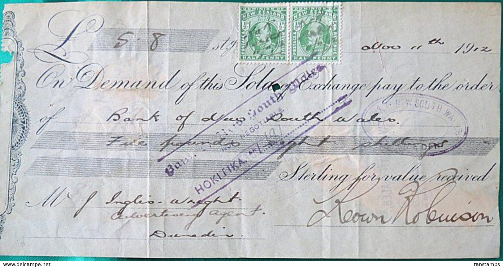 Bank Of New South Wales  Hokitika Demand 1912 KEVII 1/2d X 2 Cheque Duty. - Storia Postale