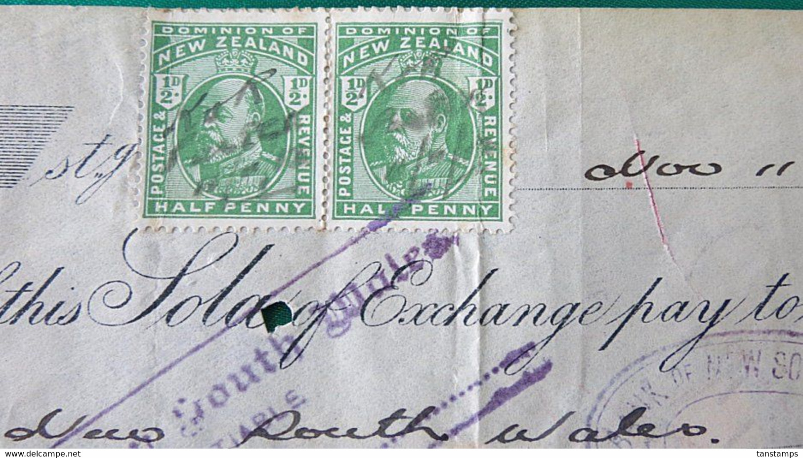 Bank Of New South Wales  Hokitika Demand 1912 KEVII 1/2d X 2 Cheque Duty. - Storia Postale