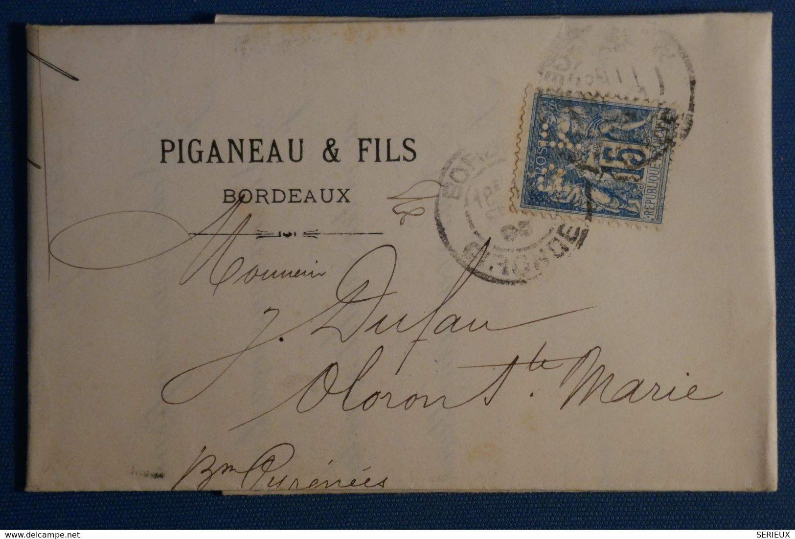 AN9 FRANCE BELLE LETTRE RARE 1893 PERFORé PF +15C SAGE+ BORDEAUX  POUR OLORON + PERFIN + AFFRANCH. PLAISANT - Autres & Non Classés