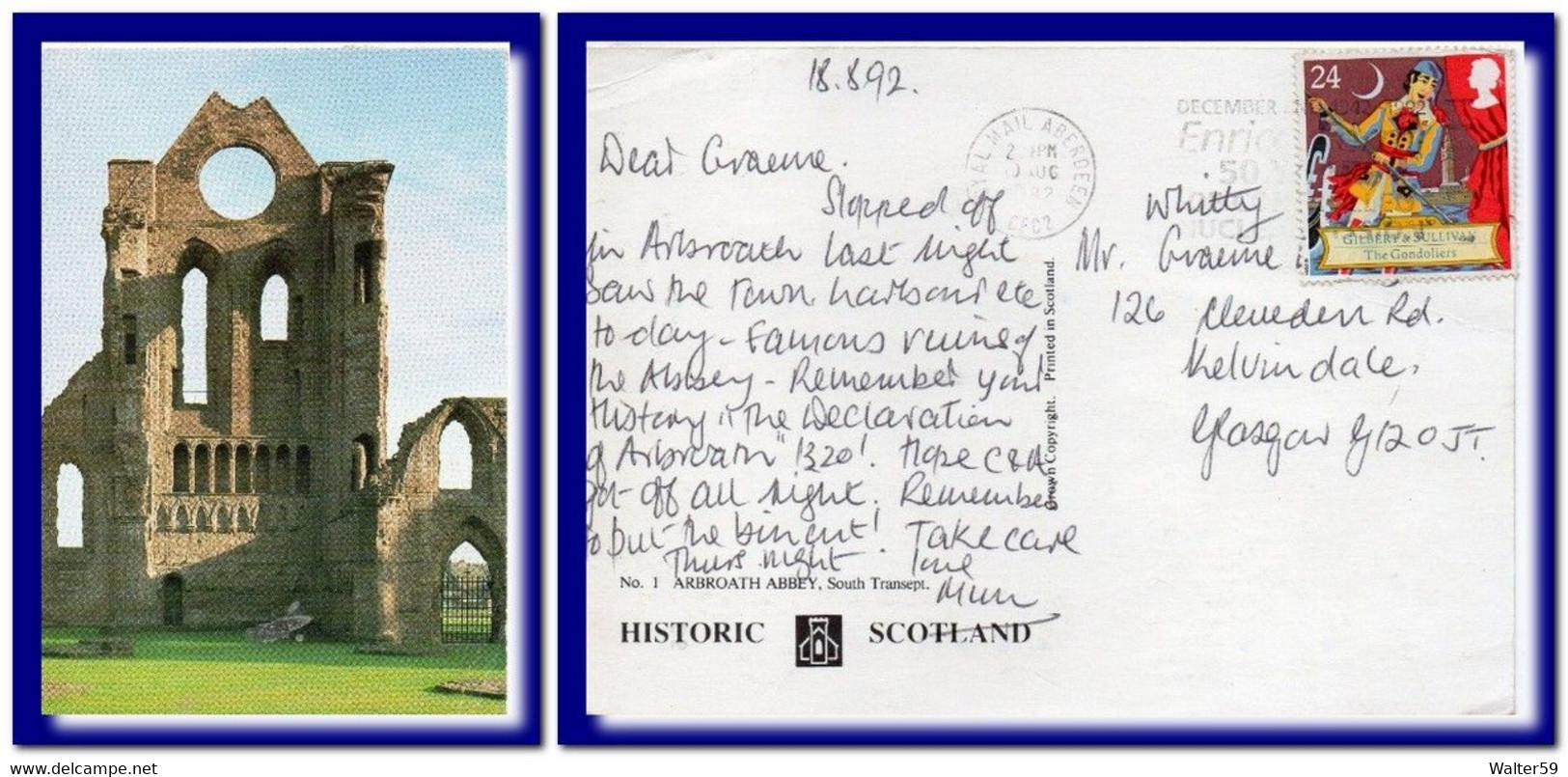 1992 UK Great Britain Postcard Arbroath Abbey Sent Aberdeen To Kelvindale - Angus
