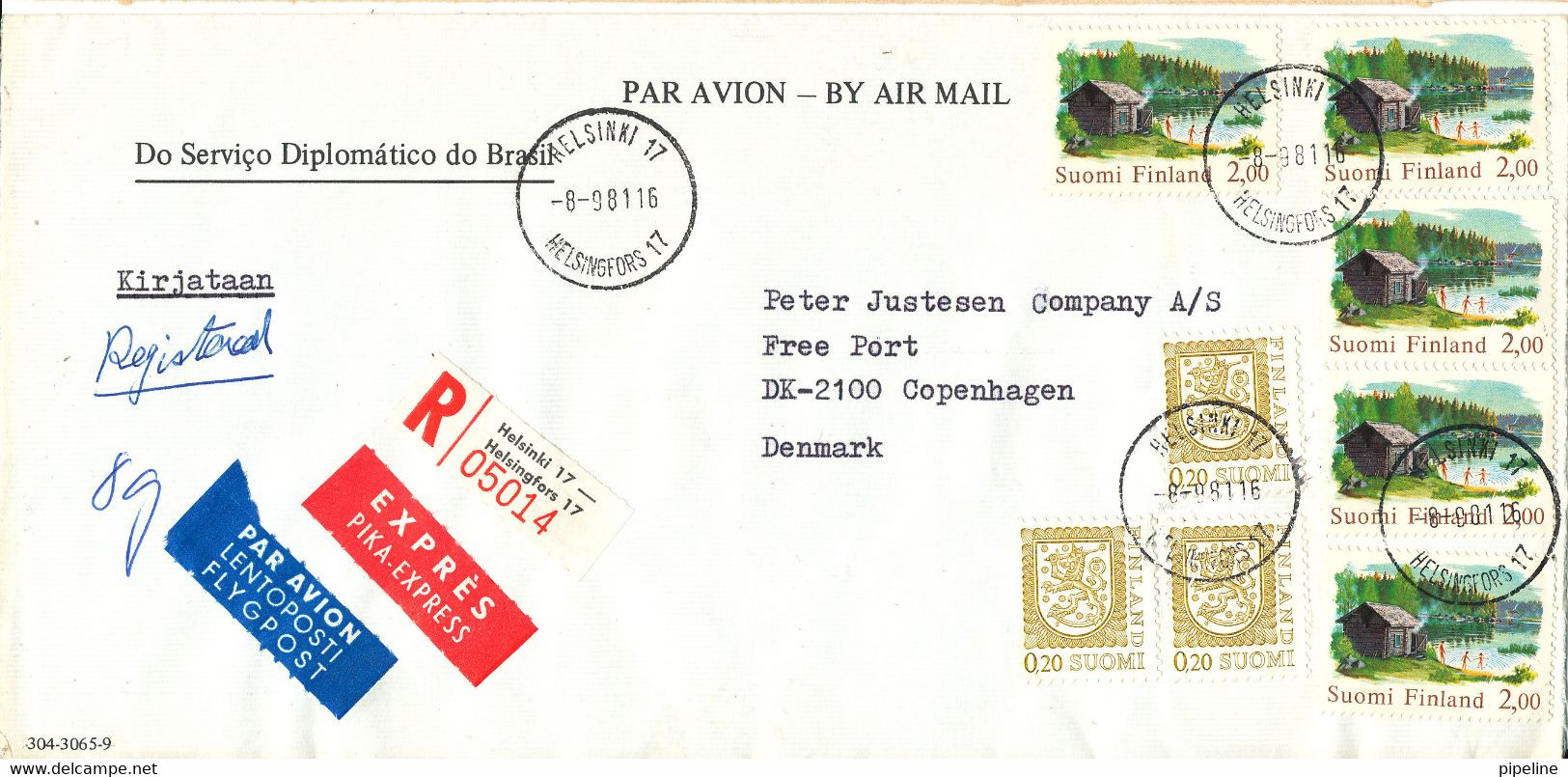 Finland Registered Cover Sent Air Mail Express To Denmark 8-9-1981 (sent From The Ambassador Of Brazil Helsinki) - Brieven En Documenten