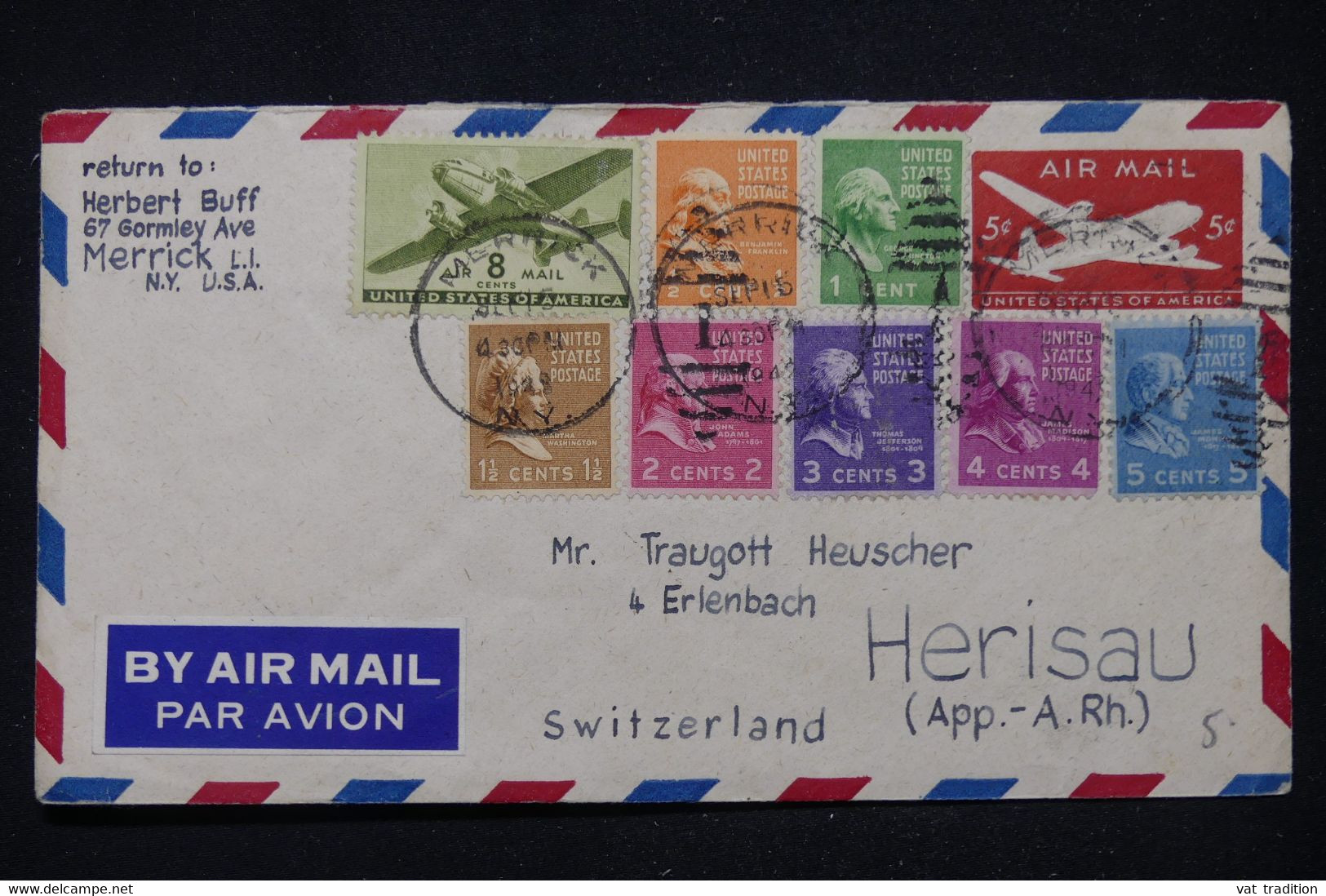 ETATS UNIS - Entier Postal + Compléments De Merrick Pour La Suisse En 1948, Affranchissement Varié - L 114105 - 1941-60