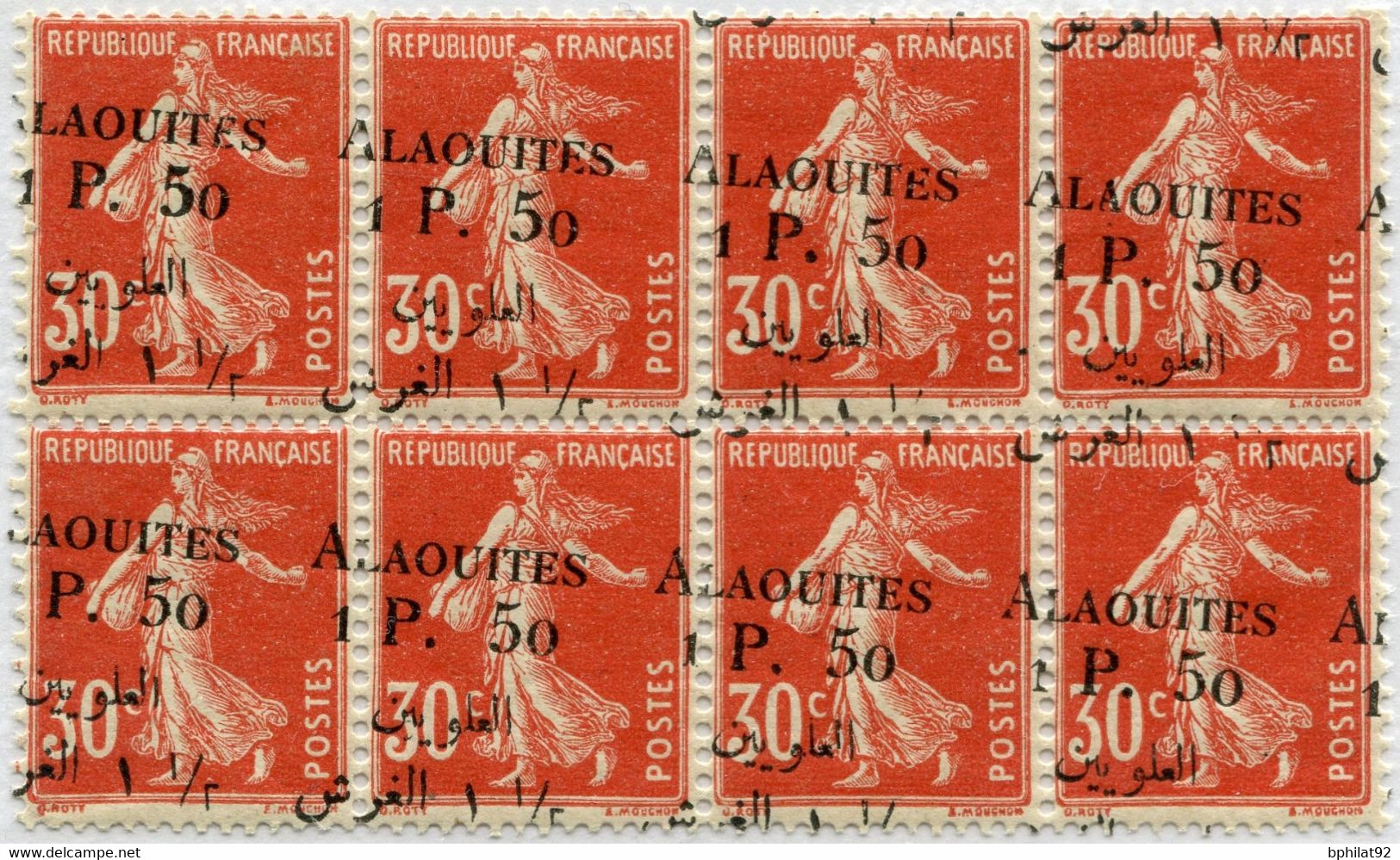 !!! ALAOUITES. BLOC DE 8 SEMEUSES N°6 SURCH COMPLÈTEMENT DÉCALÉE. 6 TP NEUFS **, 2 AVEC LÉGÈRES ADHÉRENCES - Unused Stamps