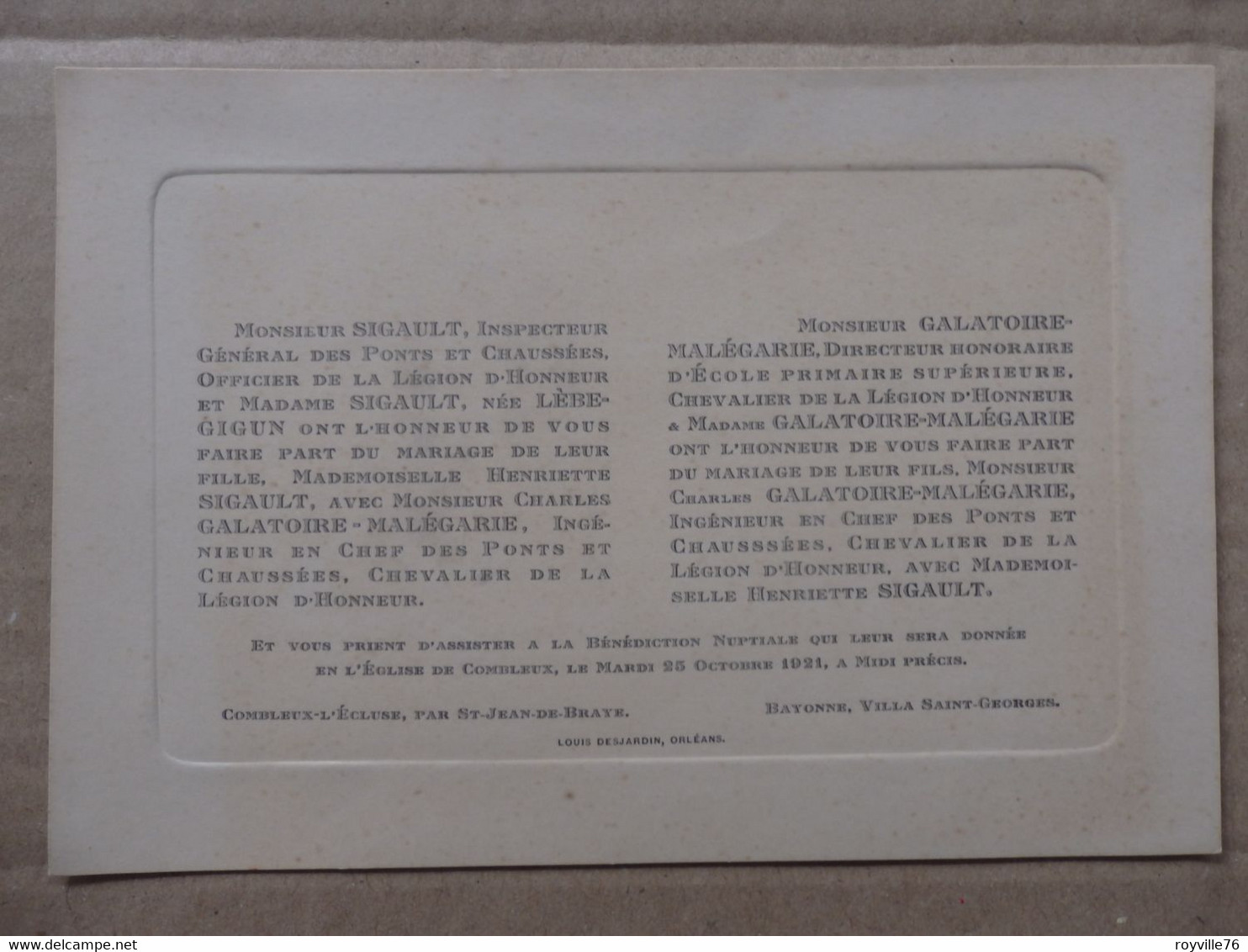 Faire-Part De Mariage De Melle Henriette Sigault Et De Mr Charles Galatoire-Malégarie Bayonne (64) - Mariage