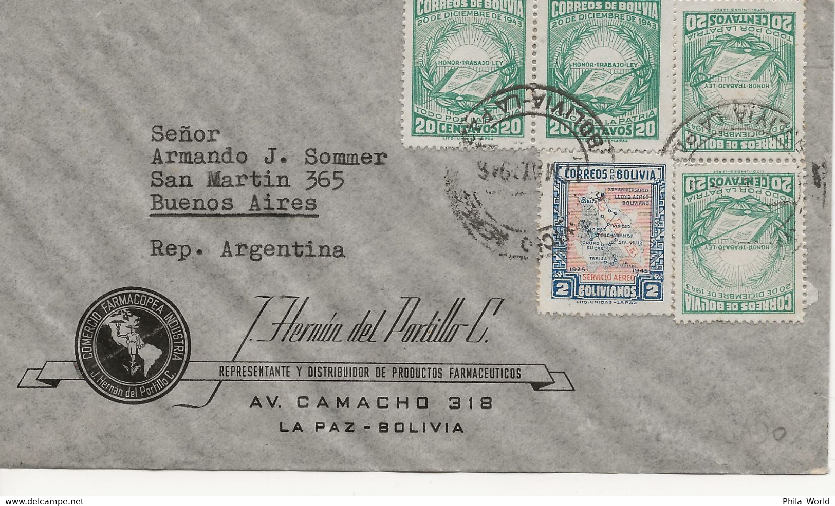 VOL AVION ATRASADO ACCIDENTE 1946 - BOLIVIE Bolivia La Paz > ARGENTINE Argentina Buenos Aires Air Mail Cover - Avions