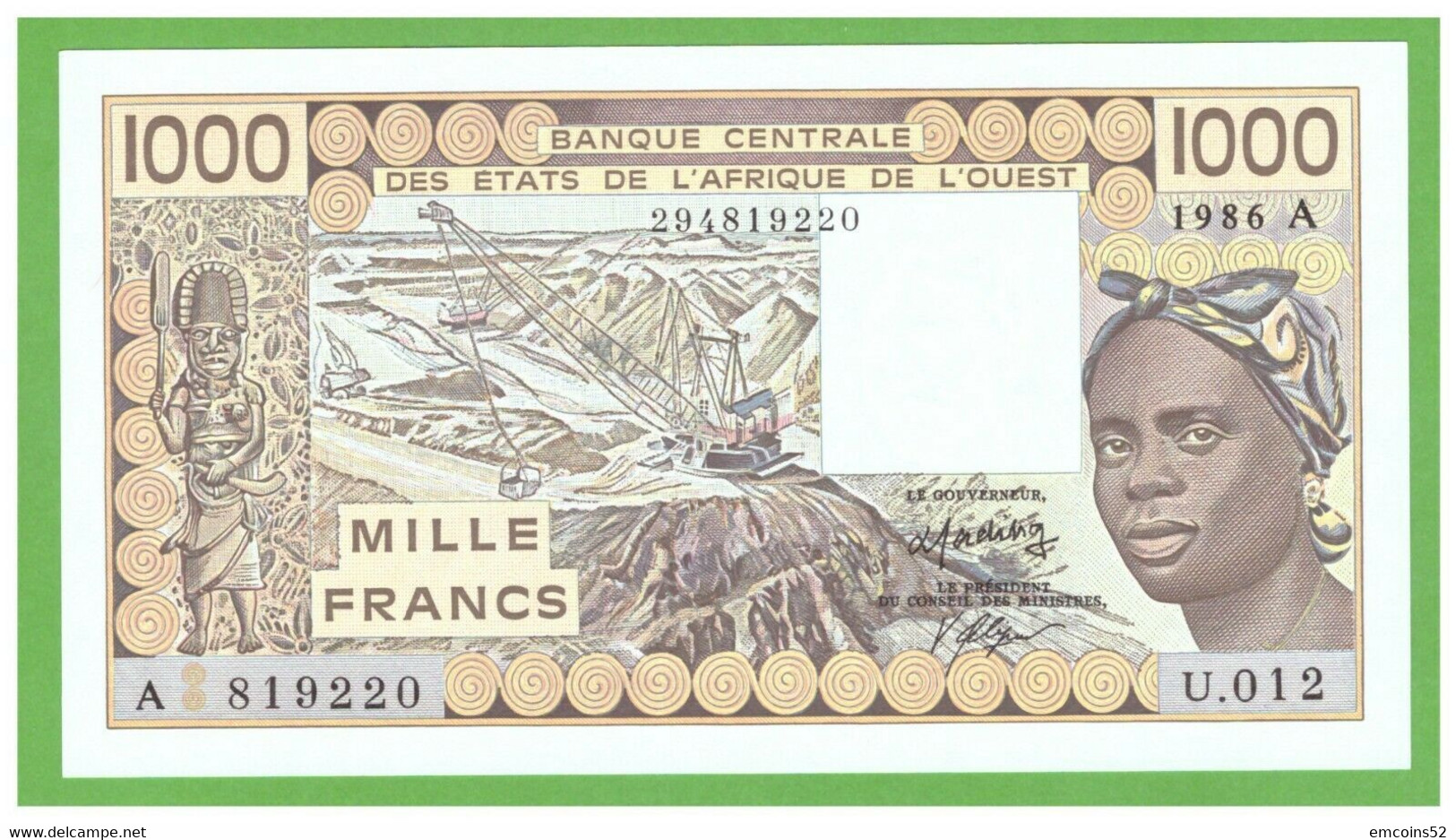 IVORY COAST W.A.S. 1000 FRANCS 1986  P-107Ag UNC - West African States