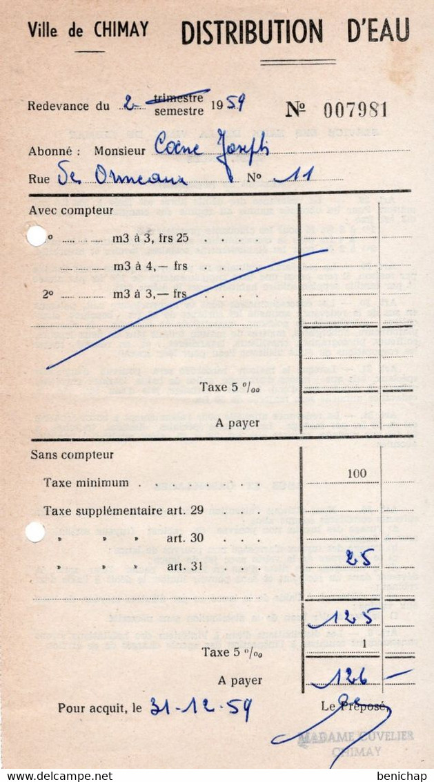 Ville De Chimay - Distribution D'eau - Redevance De  1959 - Facture 7981. - Alimentos
